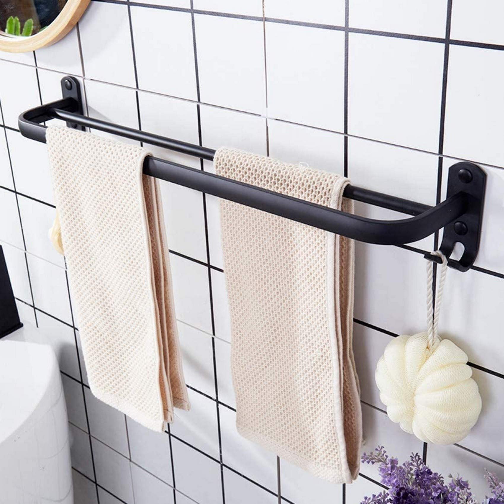 FGXHHS Space aluminum towel rack,Waterproof Rust-proof bar,Black Single pole Double rack For Bathroom Kitchen Office-D 40cm(16inch)
