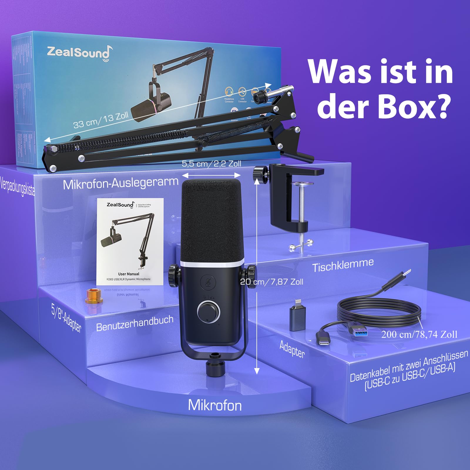 zealsound Dynamisches Gaming Mikrofon mit Arm, XLR/USB Mikrofon, KD8S | Mit Stummschaltung, Gain-Regler, USB-C & Lightning Adapter, Kompatibel mit PC, Handy & Soundkarten, für Podcast & aufnahmen
