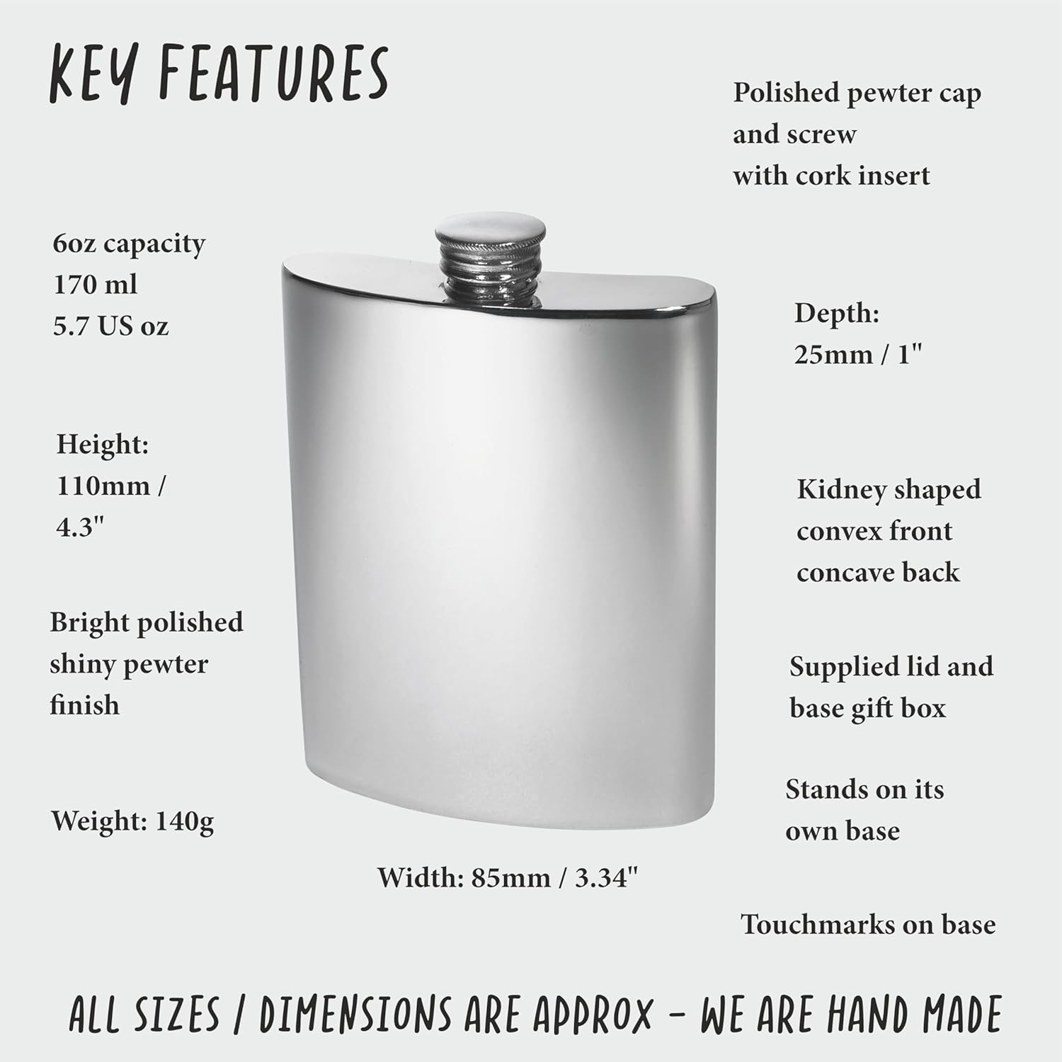 Wentworth Pewter- Plain Pewter Kidney Flask,Hip Flask, Spirit Flask, 6oz capacity