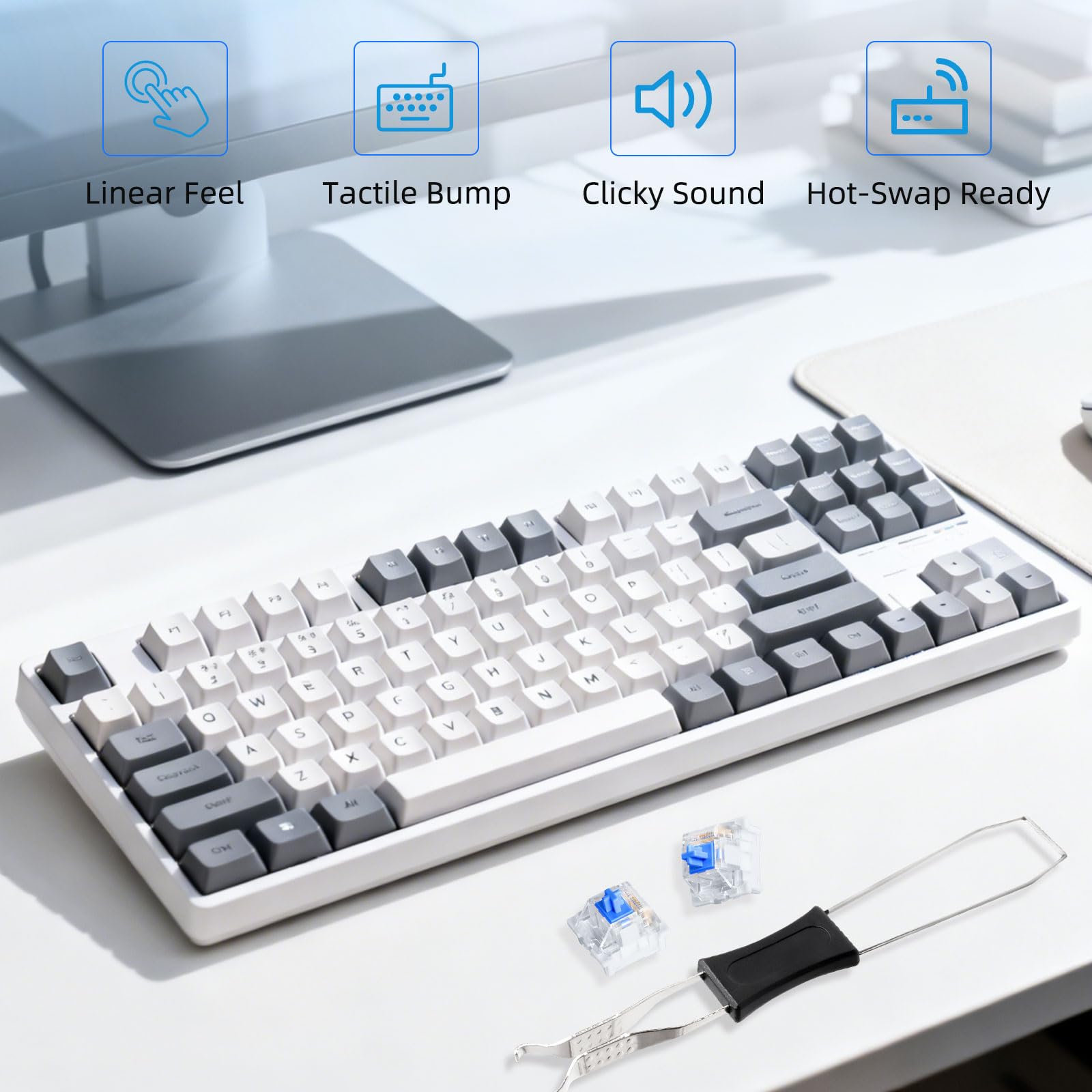 20 niebieskich przełączników klawiaturowych, przełączników klawiaturowych z wyciąganiem, 3 piny, zamiennik Blue Switch, przezroczysta obudowa do akcesoriów PC i klawiatur mechanicznych DIY