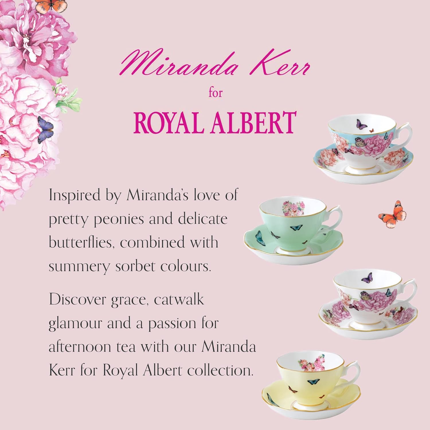 Miranda Kerr For Royal Albert Mixed Patterns Teacup & Saucer Set of 4, 6Fl oz