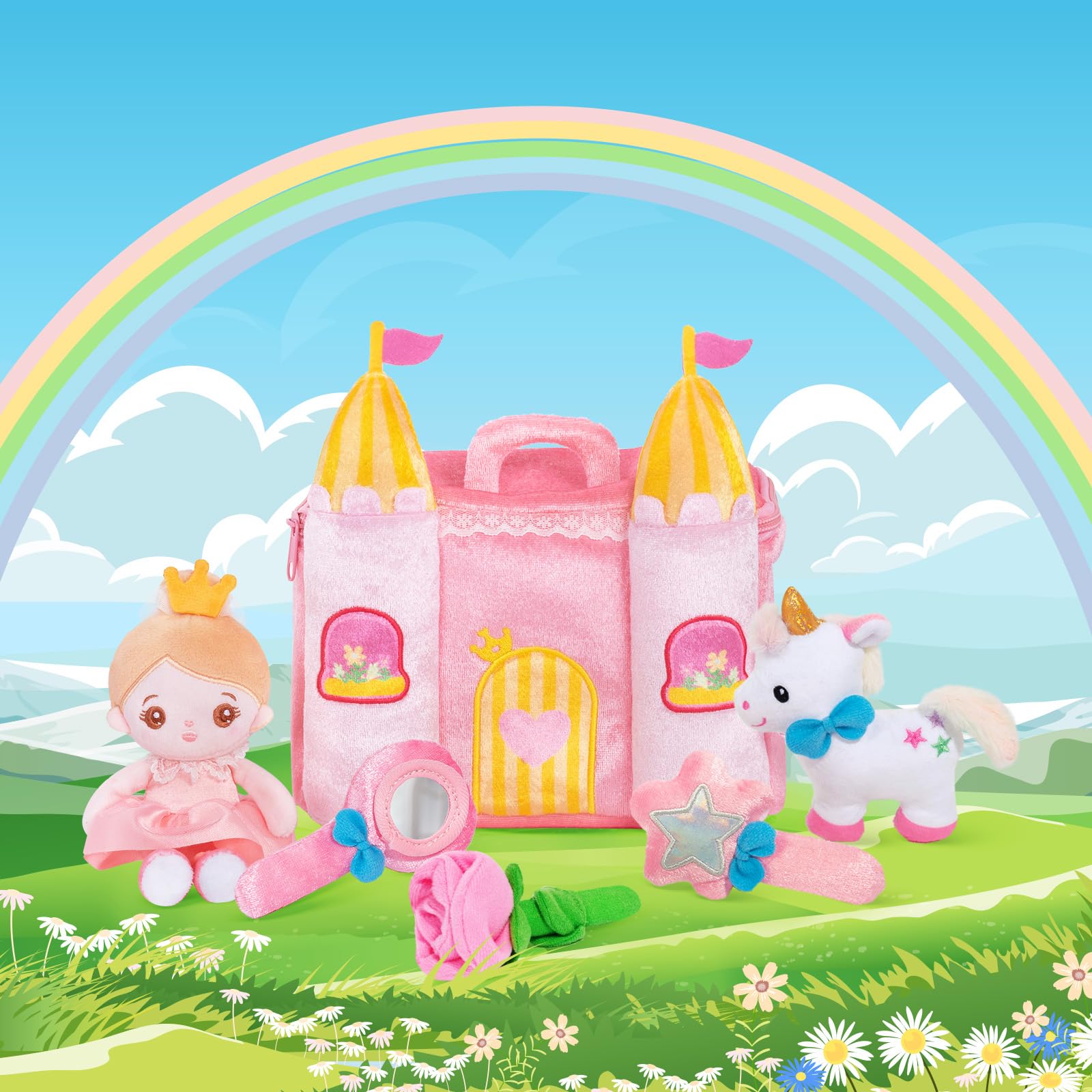 OUOZZZ Château Jouet de Princesse- avec 5 Jouets en Peluche，Peluche Licorne、Poupée de Chiffon、Cadeaux d'anniversaire pour Les Filles âgées de 1, 2 et 3 Ans