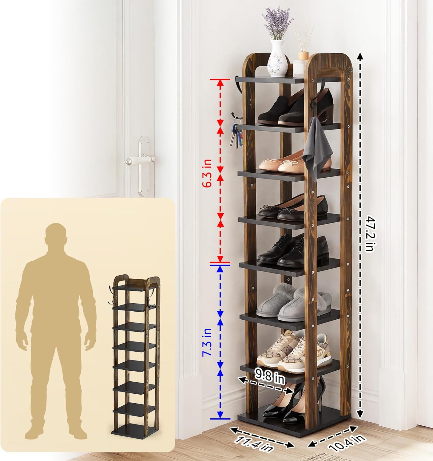 8 Tiers Vertical Shoe Rack, Wooden Shoe Rack for entryway with Hooks, Shoe Storage Organizer for Small Spaces, Space Saving for Closet, Living Room, Bedroom, Front Door