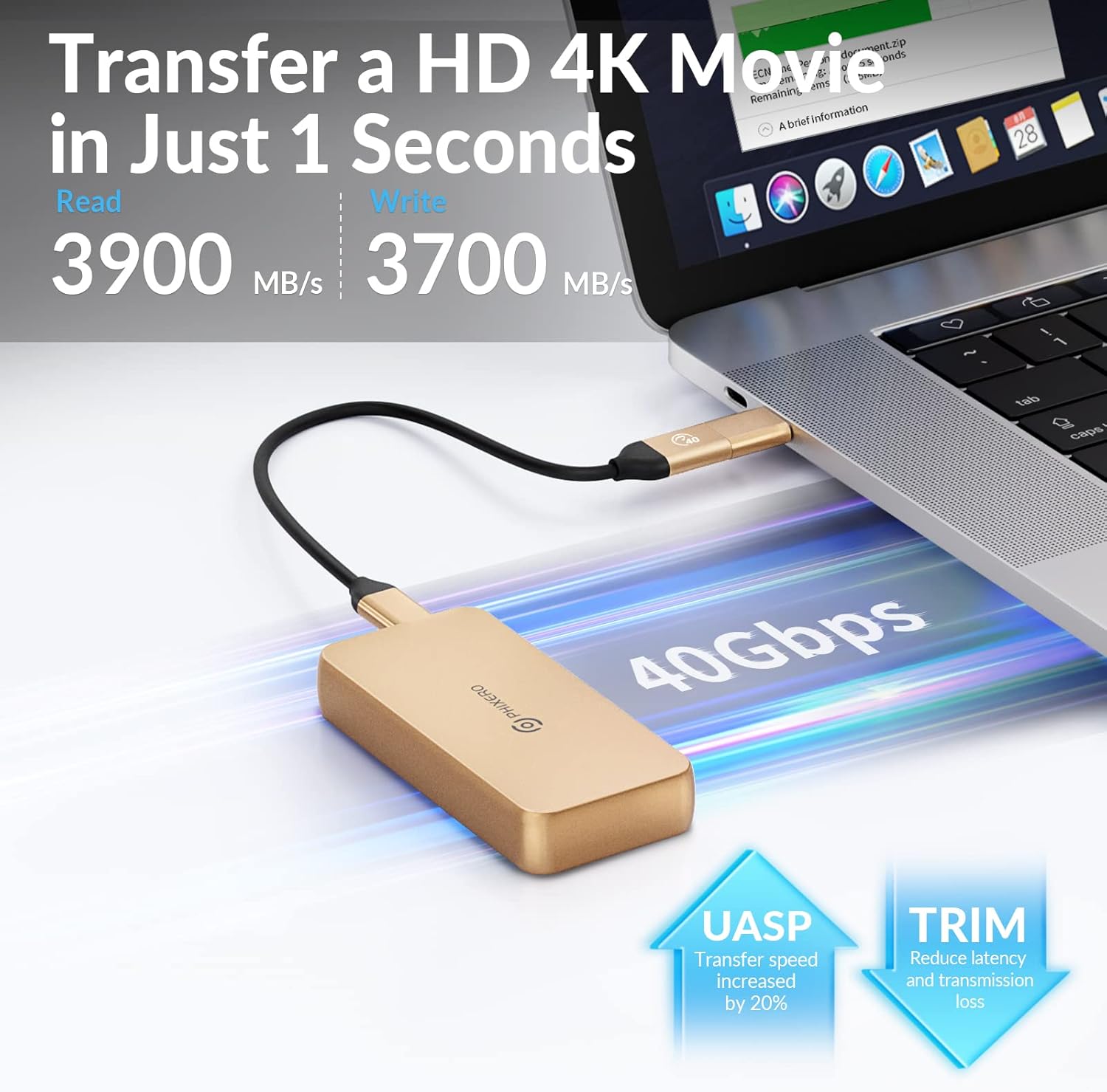 PHIXERO 40Gbps NVMe Enclosure, USB 4.0 M.2 Enclosure Compatible with Thunderbolt 3/4/USB 3.2/3.1/3.0/2.0, Aluminum Triple Heat Dissipation SSD Enclosure with UASP, for 2280 Size M-Key NVMe SSD, Gold