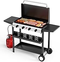 ROVSUN 4-Burner Portable Propane Griddle 40,000 BTU Flat Top Gas Grill with Lid, Wheels, Ignition for Camping BBQ