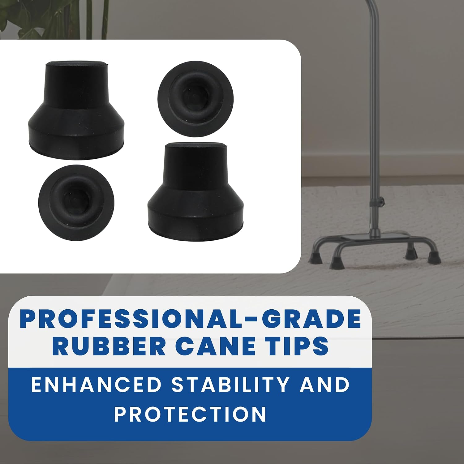 Quad Cane Tips (4 Pack) - 1/2" Heavy Duty Rubber Cane Tips Replacement for Canes, Crutches & Walkers - Stable & Non-Slip Walking Stick Tips for Women, Men, Seniors & Elderly