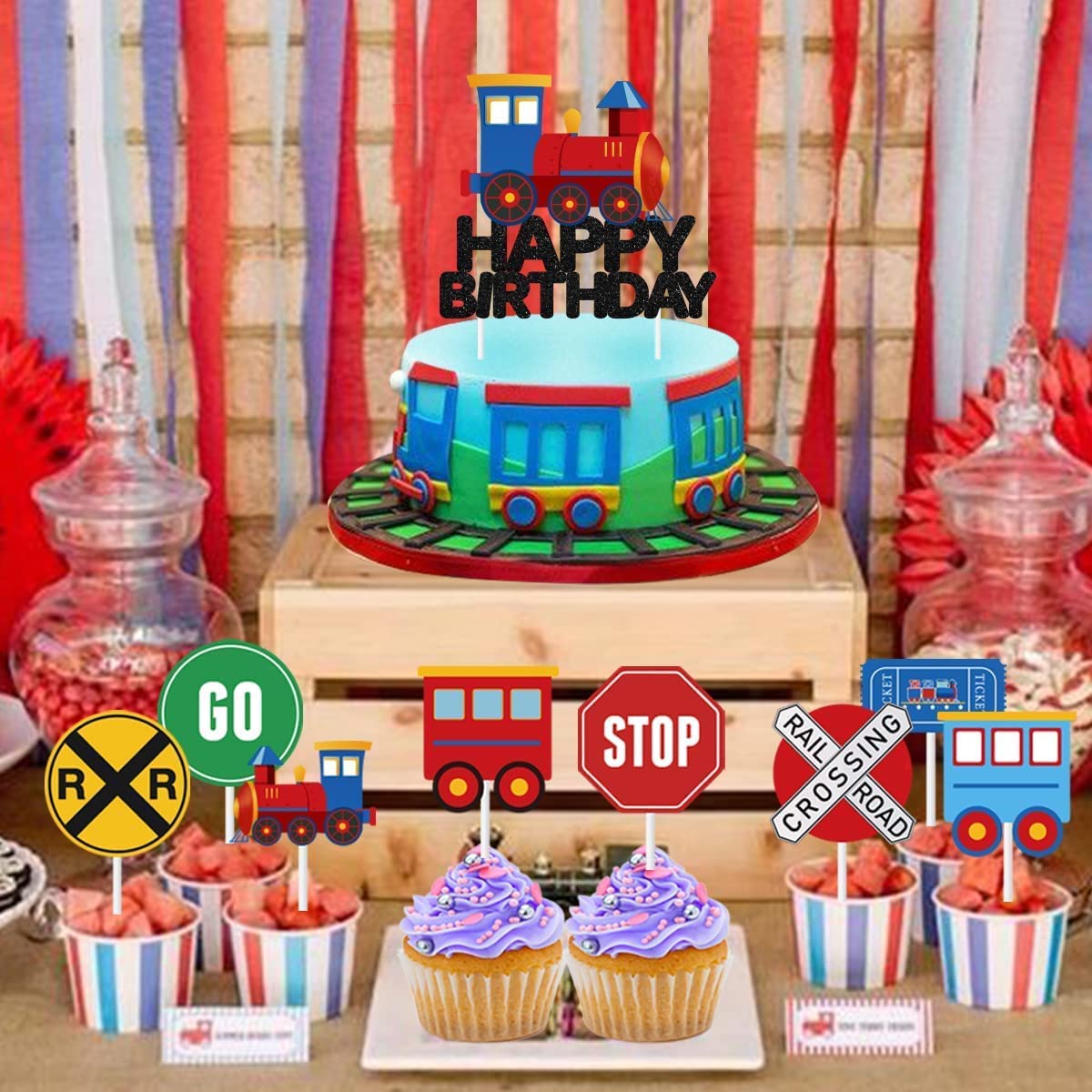 Steam Train Happy Birthday Backdrop Banner Cake Topper Train Theme ...