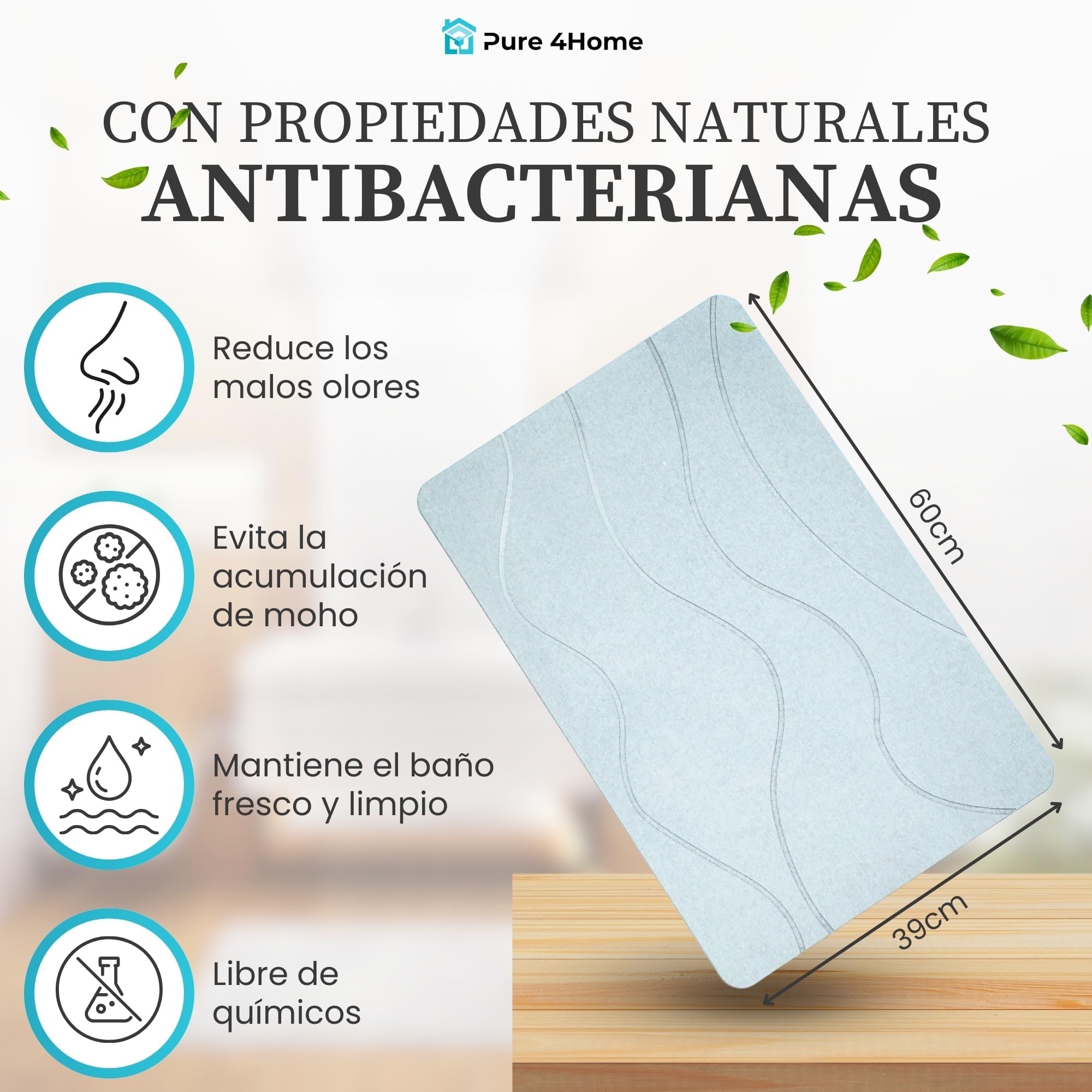Pure 4Home Alfombra Diatomita Baño 60x40 – Secado Rápido, Antideslizante y Antibacteriana – Alfombrilla Piedra Diatomita Super Absorbente – Alfombrilla Diatomita - Stone Bath Mat (Grey Waves) — view 3