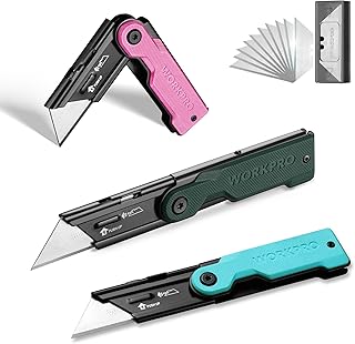 WORKPRO 3-Pack Folding Utility Knife Set, G10 Handle Box Cutter with 10 Extra SK5 Blades, Quick-Change Razor Knife with Belt Clip, EDC Utility Knife for DIY, Office, Home – Multicolor