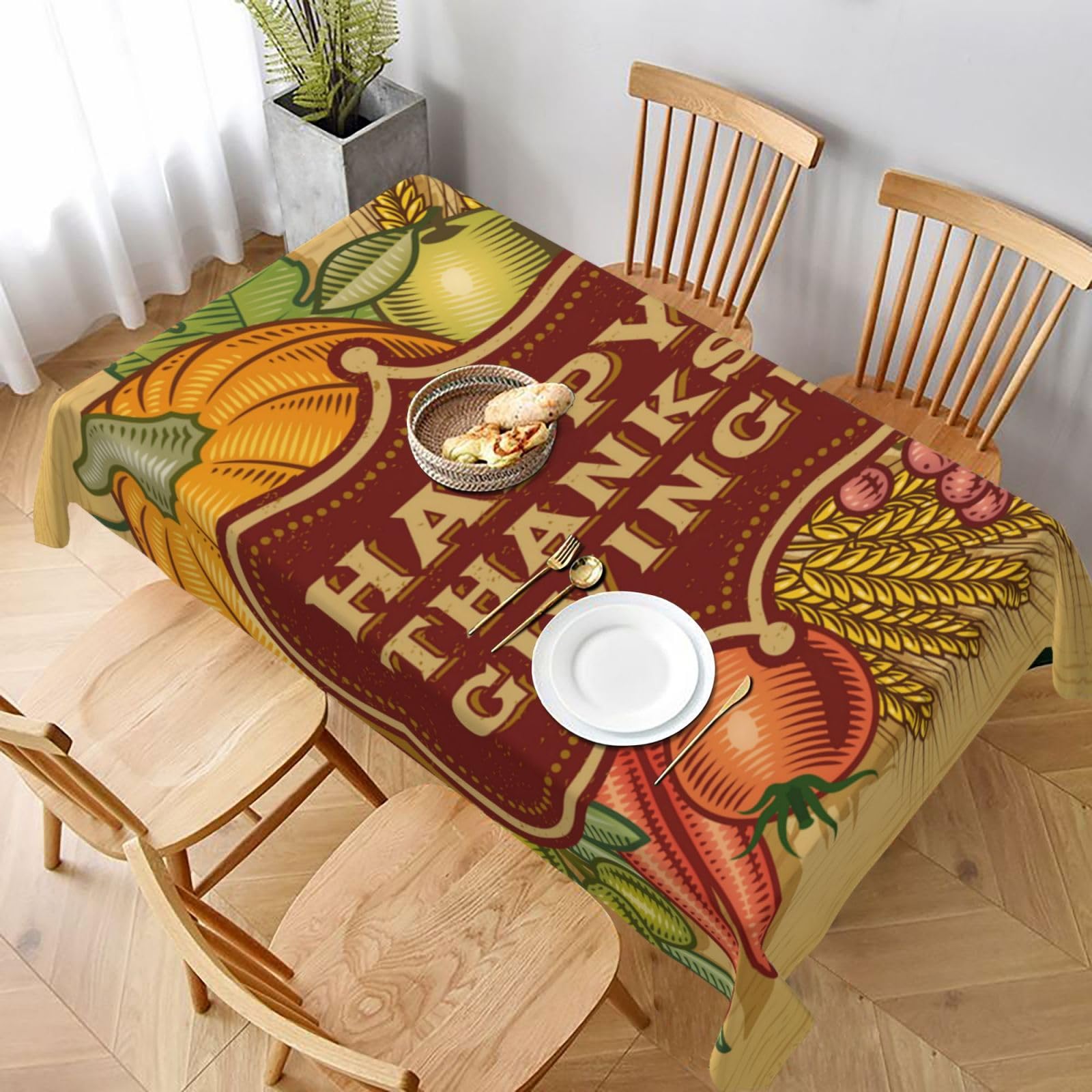BNVSADC Happy Thanksgiving Printed Rectangle Tablecloth 228x152 CM, Water Resistant Polyester Table Cloth Decorative Fabric Table Covers for Kitchen Dining Table Parties Camping