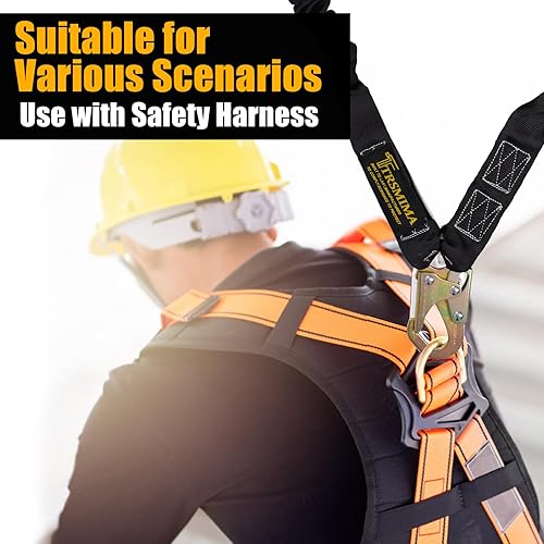 Miniatura 6 de TRSMIMA Safety Harness Lanyard Retractable - Fall Protection Climbing Tree Strap 6 FT Double Leg Internal Shock Absorbing with Rebar & Snap Hook