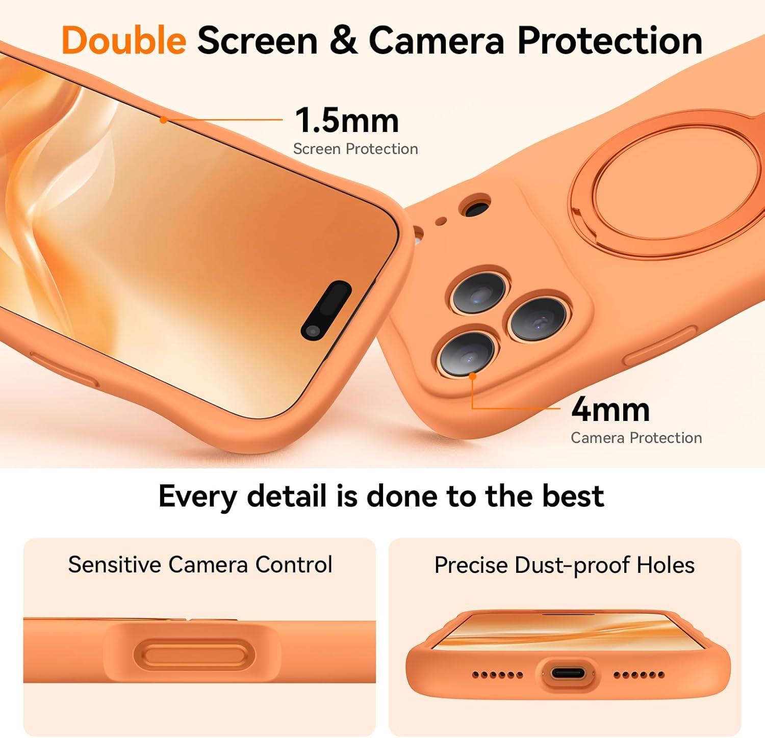 360 Spin Silicone Stand Cover for iPhone 17 Pro Case [Cute Wavy & Full Camera Protection] Fit for MagSafe Shockproof Women Girl Phone Case for iPhone 17 Pro 6.3", Cosmic Orange - Image 7