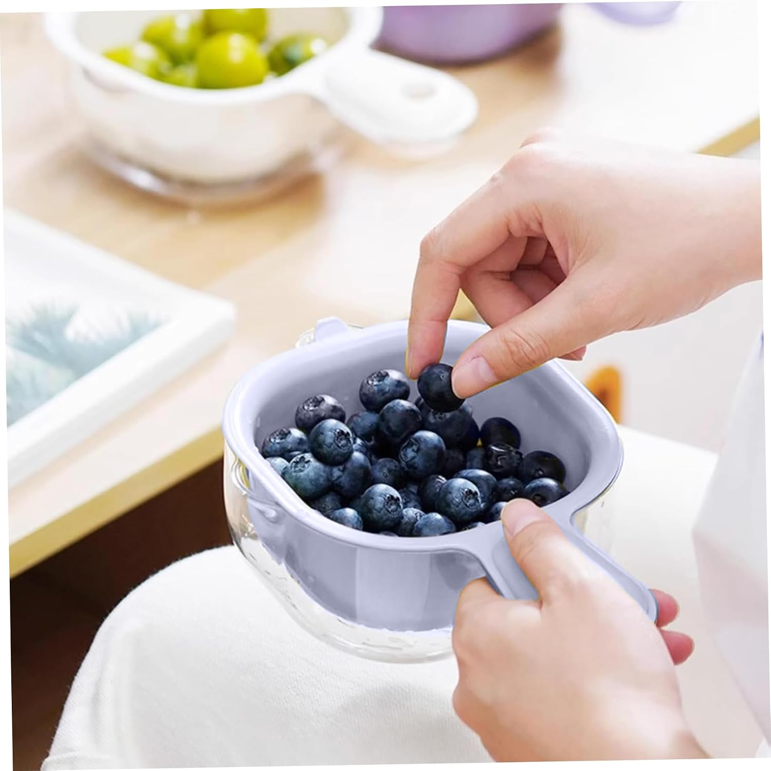 Mini Colander, Double-Layer Vegetable Washing Basket with Handle, Detachable Plastic Fruit Cleaning Bowl with Strainer, Hanging Fruit Strainer for Pasta Salad Berry, Purple