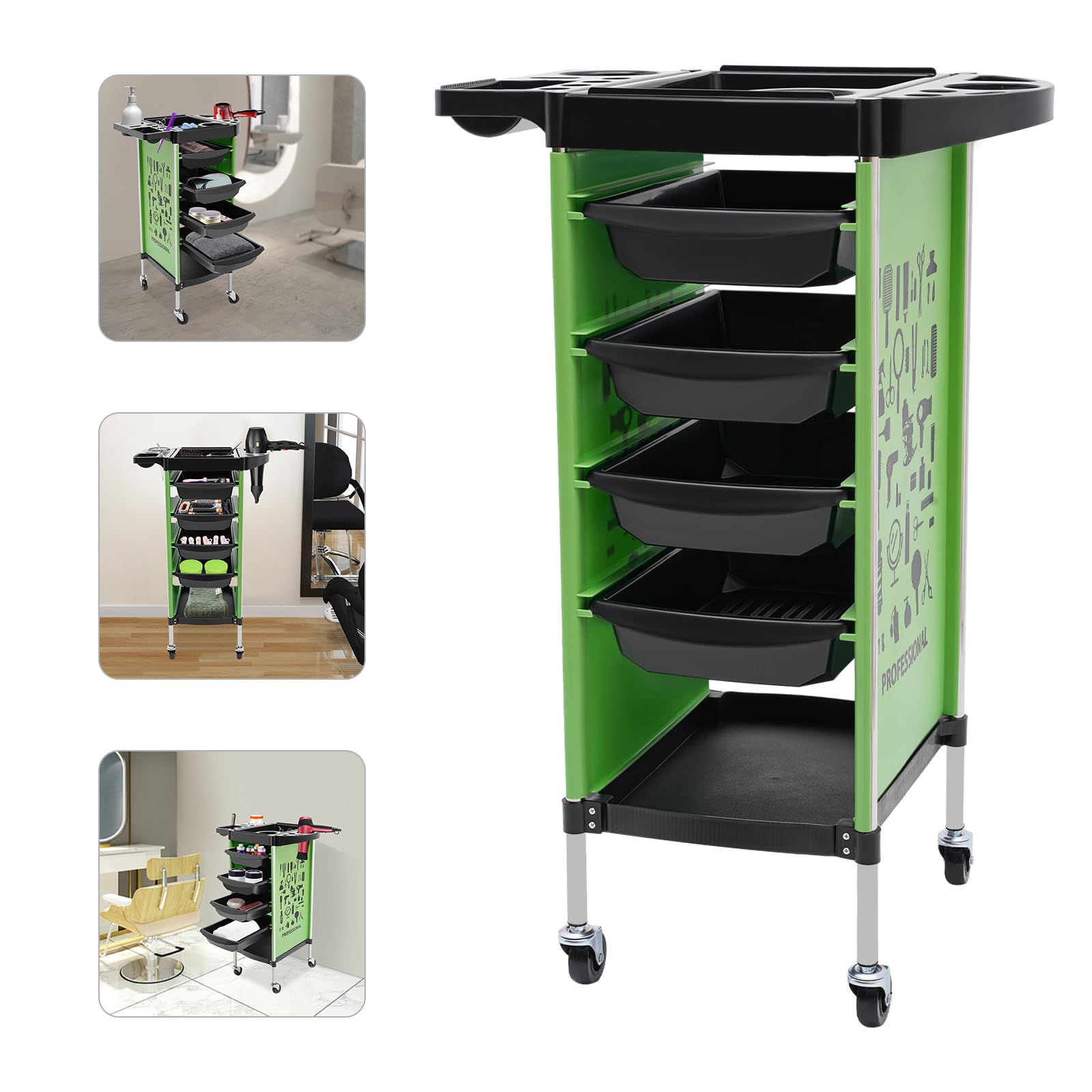 Chariot de coiffeur noir avec tiroirs sur pied rectangulaire pour salon de maquillage