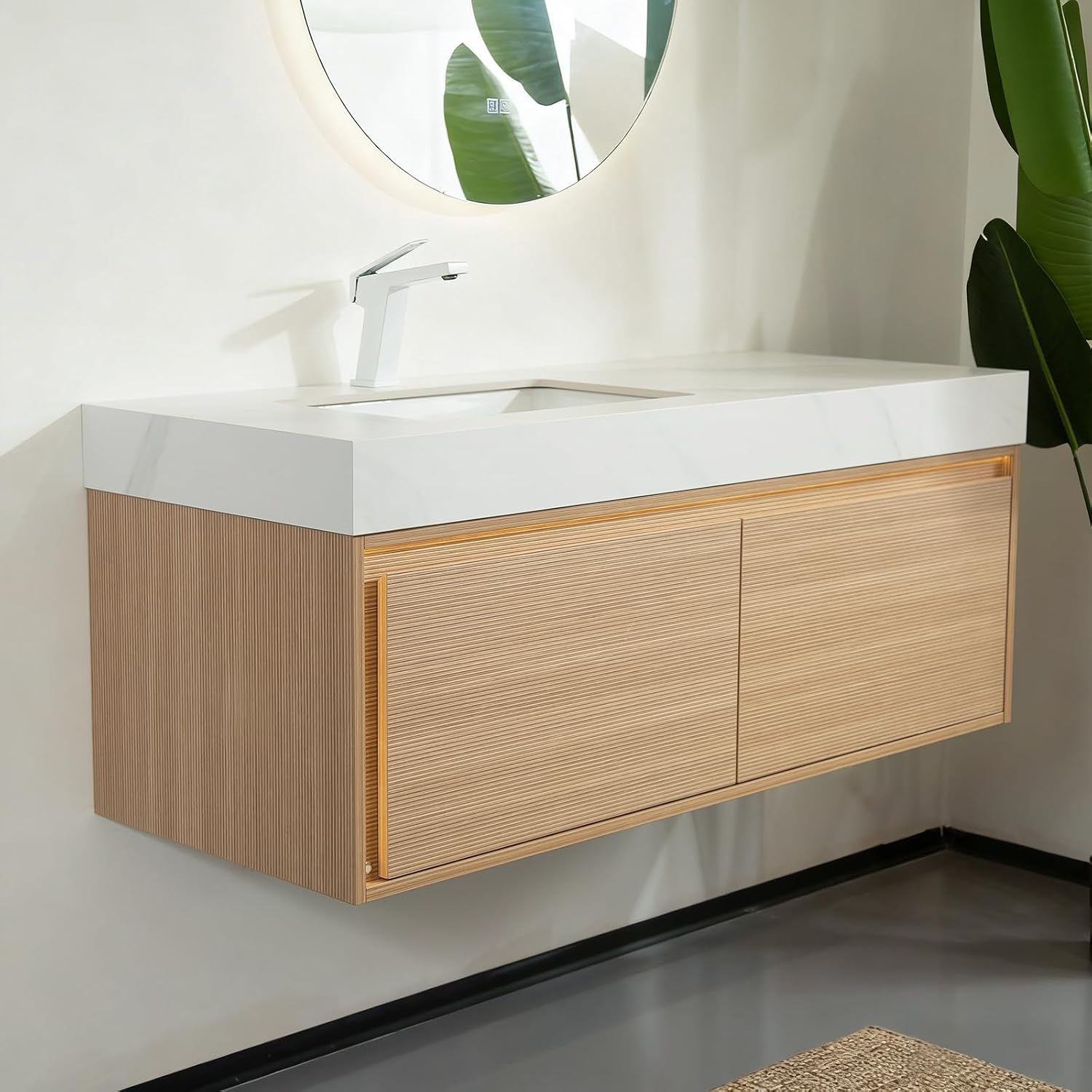 48" Bathroom Vanity with Sink, Light Woodgrain Plywood Cabinet with Drawer & Sensor LED Light, Carrara White Sintered Stone Top & Ceramic Undermount Basins, Pre-Assembled