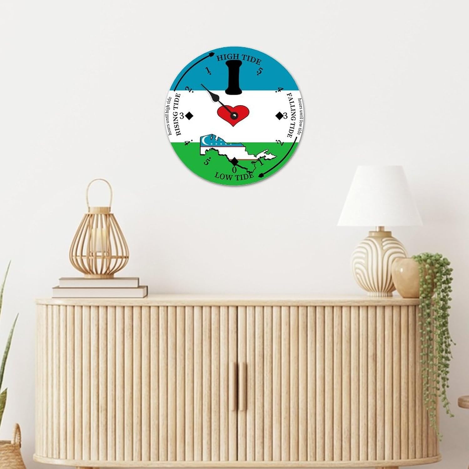 Rustic Wood Tide Clock Uzbekistan Flags Ocean Time Wooden Clock Wood Moon Tidal Clock for Wall High and Low Tide Movement Clock for Seaside House Cottage Hotel Camping 15x15 in