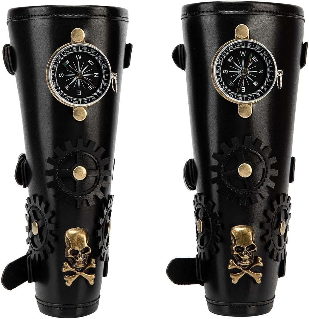 SV SENVAN Steampunk Compass Wrist Guard 1pc- Renaissance Adjustable PU Wrist for Cosplay, Costume & Gothic Fashion (Black)(A single)