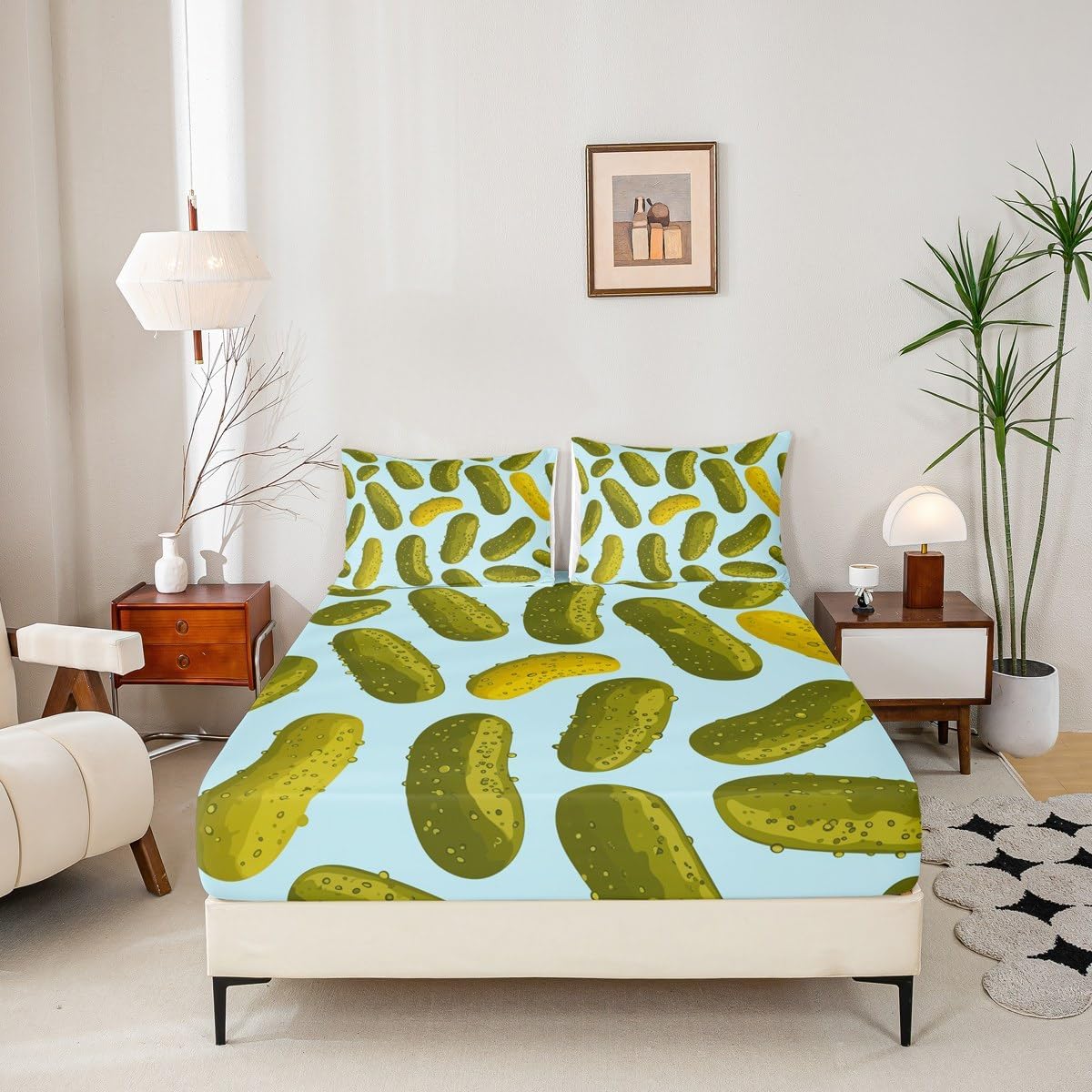 Erosebridal Pickles Fitted Sheet Funny Food Twin Size Bedding Set, Green Cucumbers Bed Sheets for Kids Boys Girls Adults Lovely Vegetables Design Sheets Bedroom, 1 Fitted Sheet 1 Pillowcase