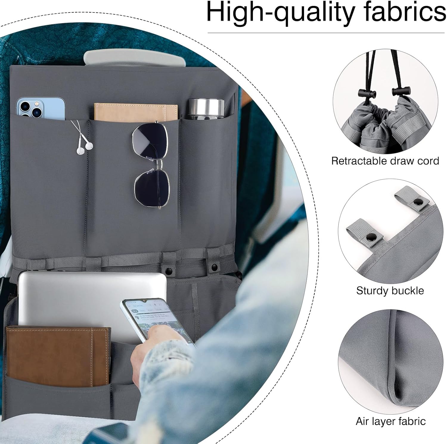 Airplane Tray Table Cover with Under Desk Attachment Set, Travel Accessories for Seat Back Organize & Item Storage, Washable Airplane Accessories with Water Bottle Holder (Grey)