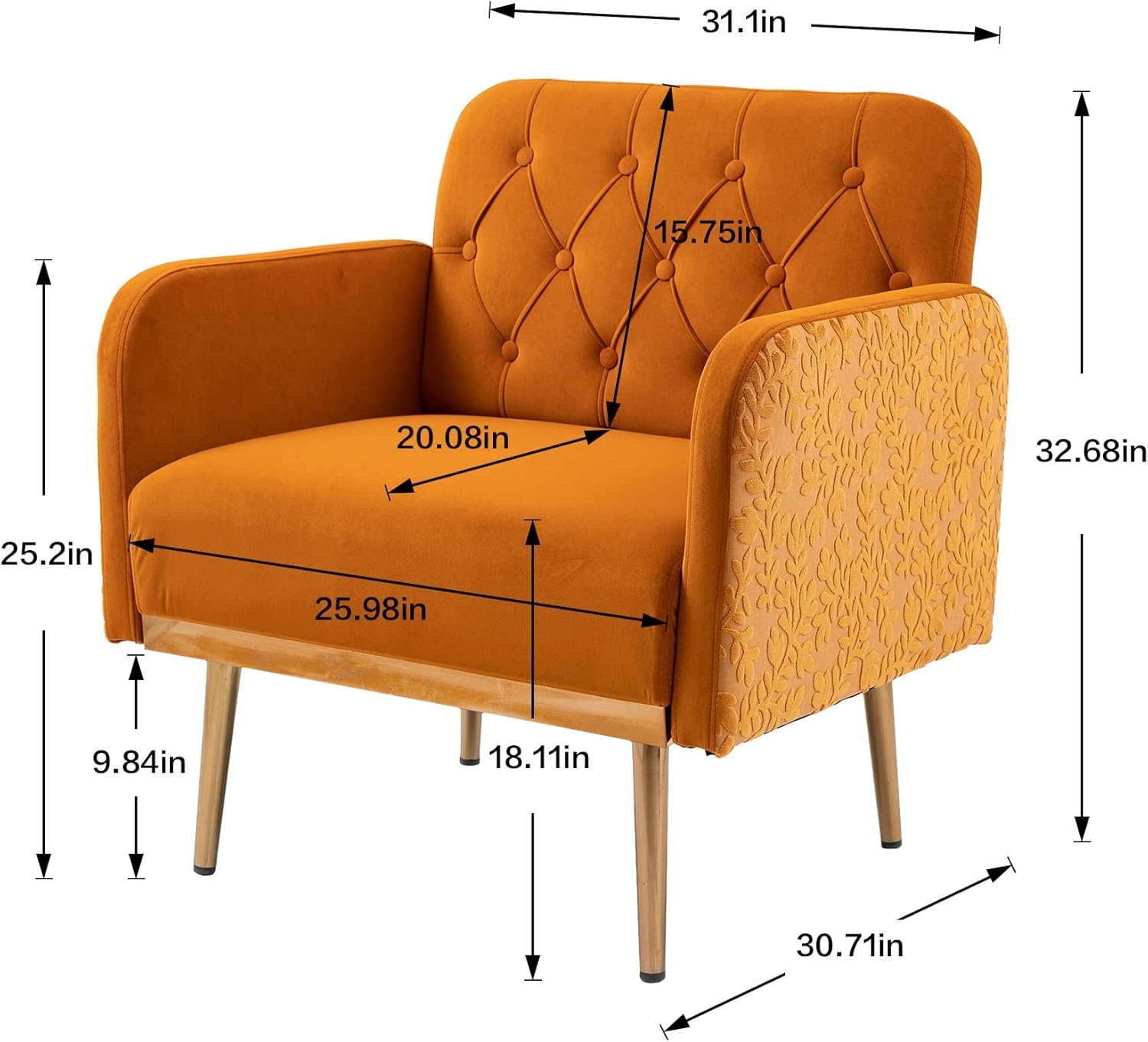 Velvet Tufted Accent Chair Comfort Living Room Lounge Armchair, Upholstered Sofa Chair with Rose Gold Metal Trim, Square Bedroom Chair Perfect for Relaxing for Bedroom Office Decorative