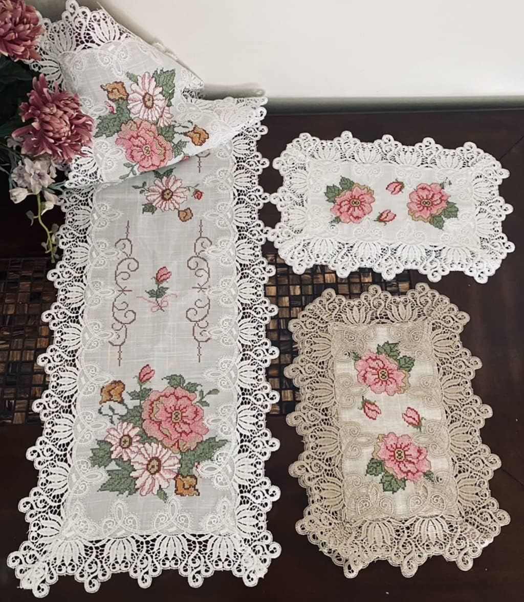 AMT Gorgeous Venice Lace with Cross Stitch Embroidered Linen Table Runner- White/Beige (16X70 OB.)