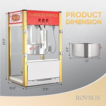 ROVSUN Commercial Popcorn Machine Movie Theater Style with 16 Ounce Kettle, Countertop Popcorn Maker Machine w/Stainless Steel Scoop, Oil Spoon & 3 Popcorn Cups, ETL Certified (Red)