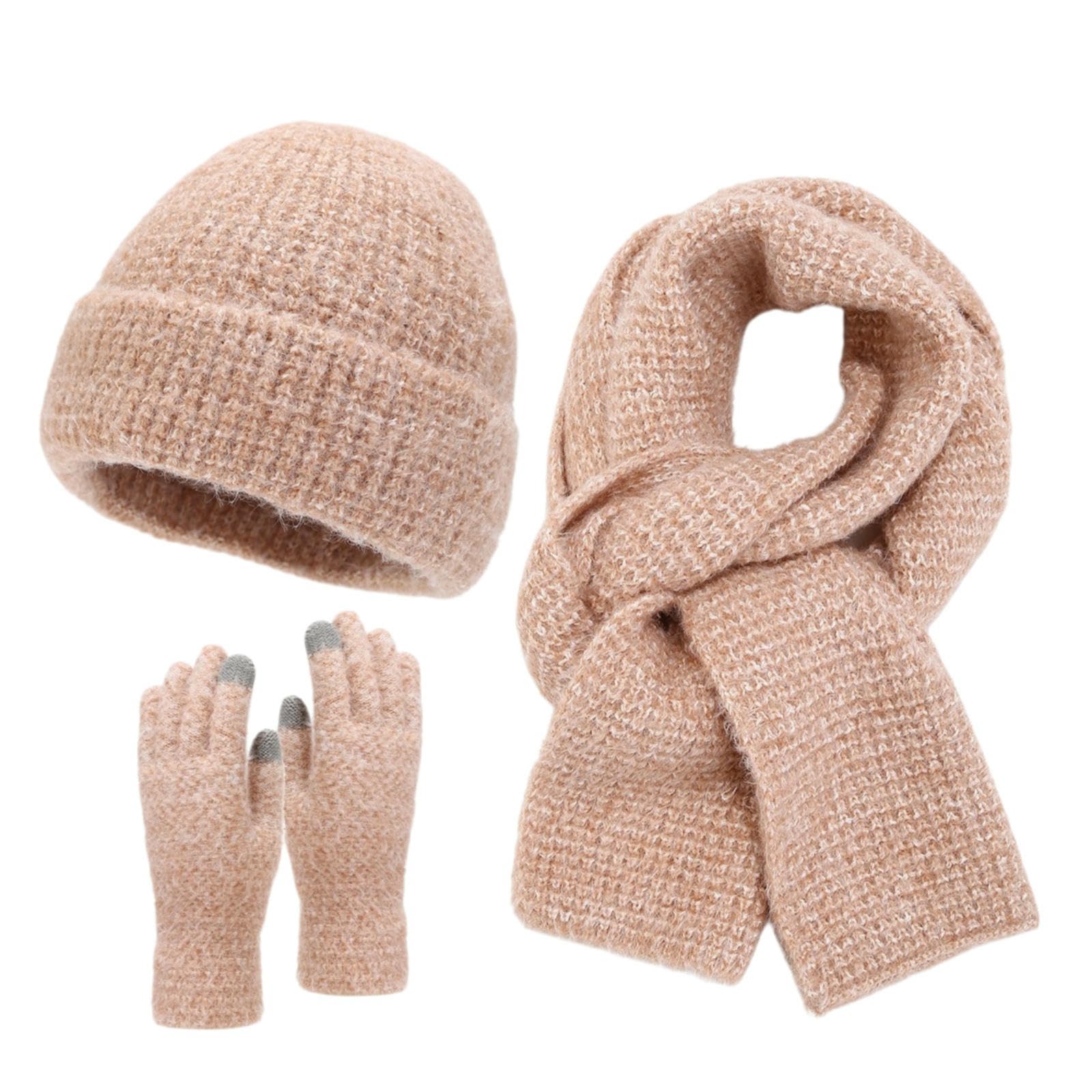 Conjunto de gorro bufanda y guantes de invierno unisex en color rosa cuero