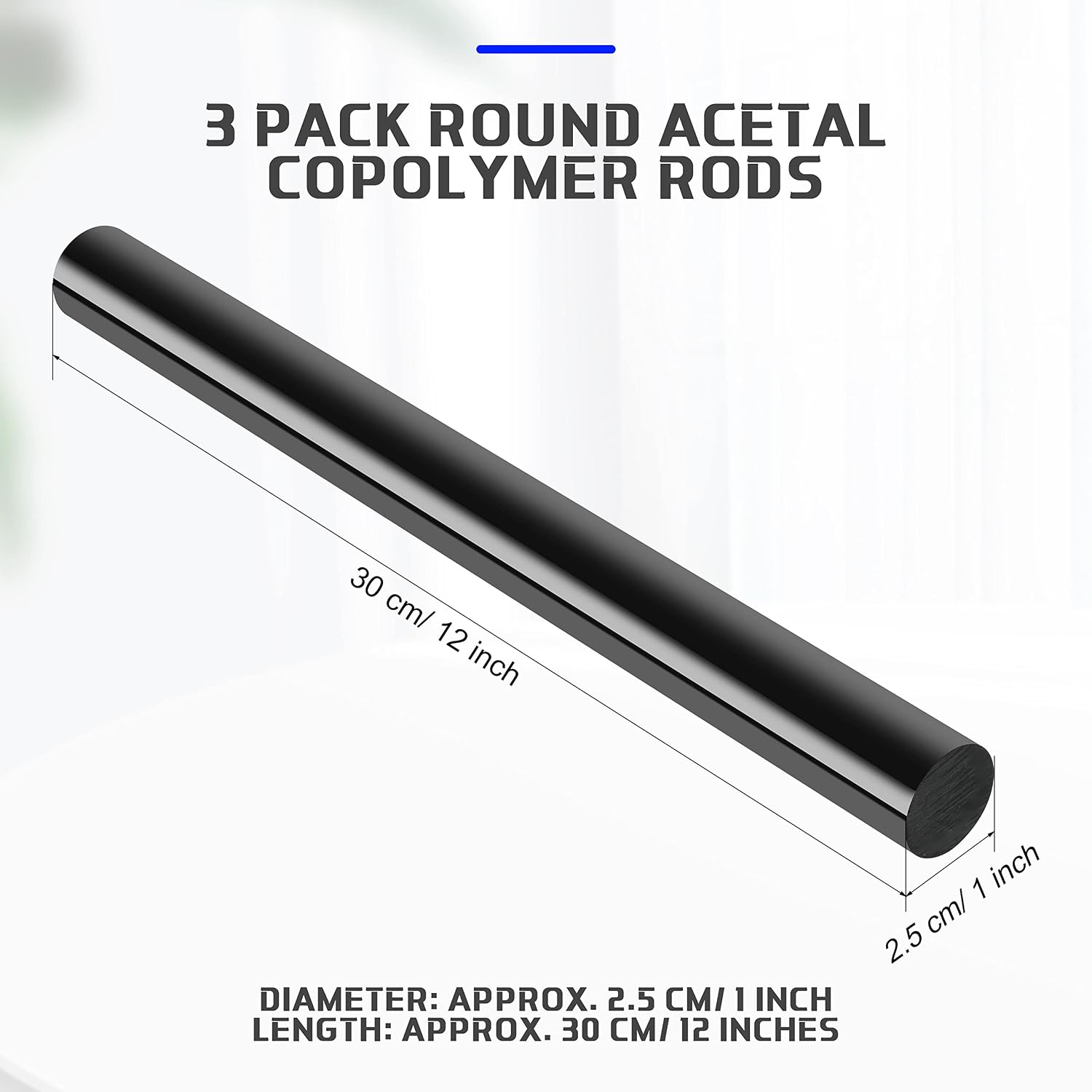3 Pack Round Acetal Copolymer Rods Black Opaque Acetal Stock Solid Copolymer Plastic Rods, 1 Inch Diameter and 12 Inch Length for Non Marring Fixtures