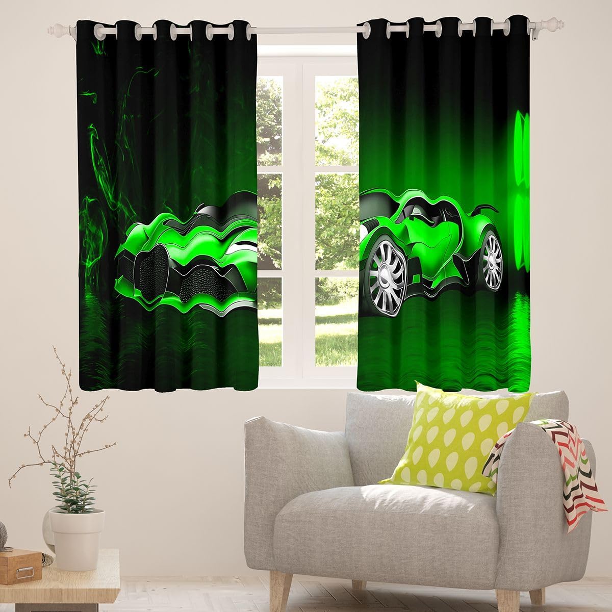 Sports Car Curtains Green Race Car Window Curtains for Bedroom Living Room Kids Boys Girls Extreme Sports Window Drapesfor Bedroom Living Room Cool Speed Car Decor Window Treatments 52W X 63L，2 Panels