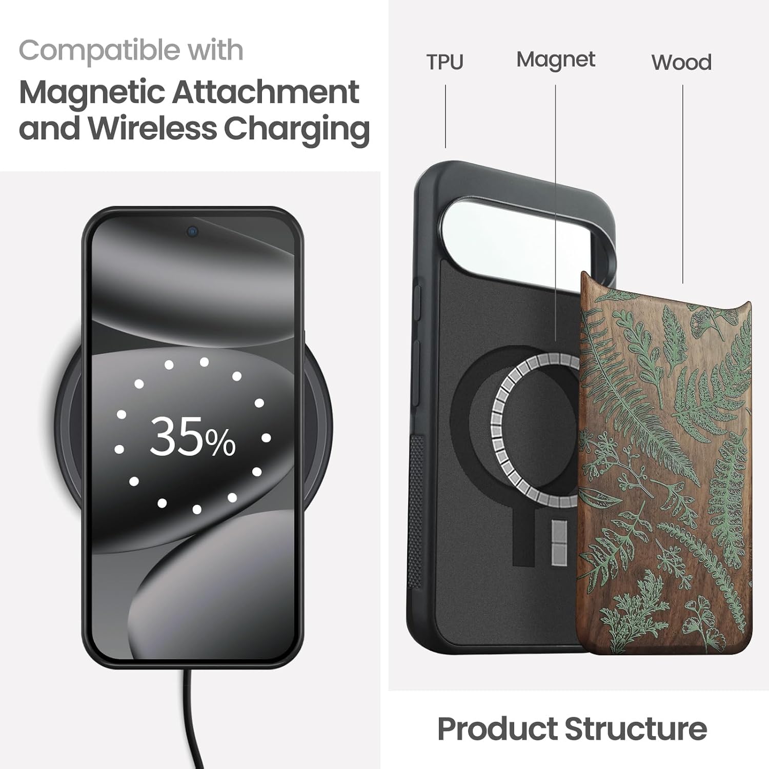 Magnetic for Google Pixel 10 Pro XL Case Compatible with MagSafe Wireless Charging, Wood Cover & Art Painting, Shockproof TPU Phone Case, Walnut Hand-Drawn Pattern - Botanical Garden