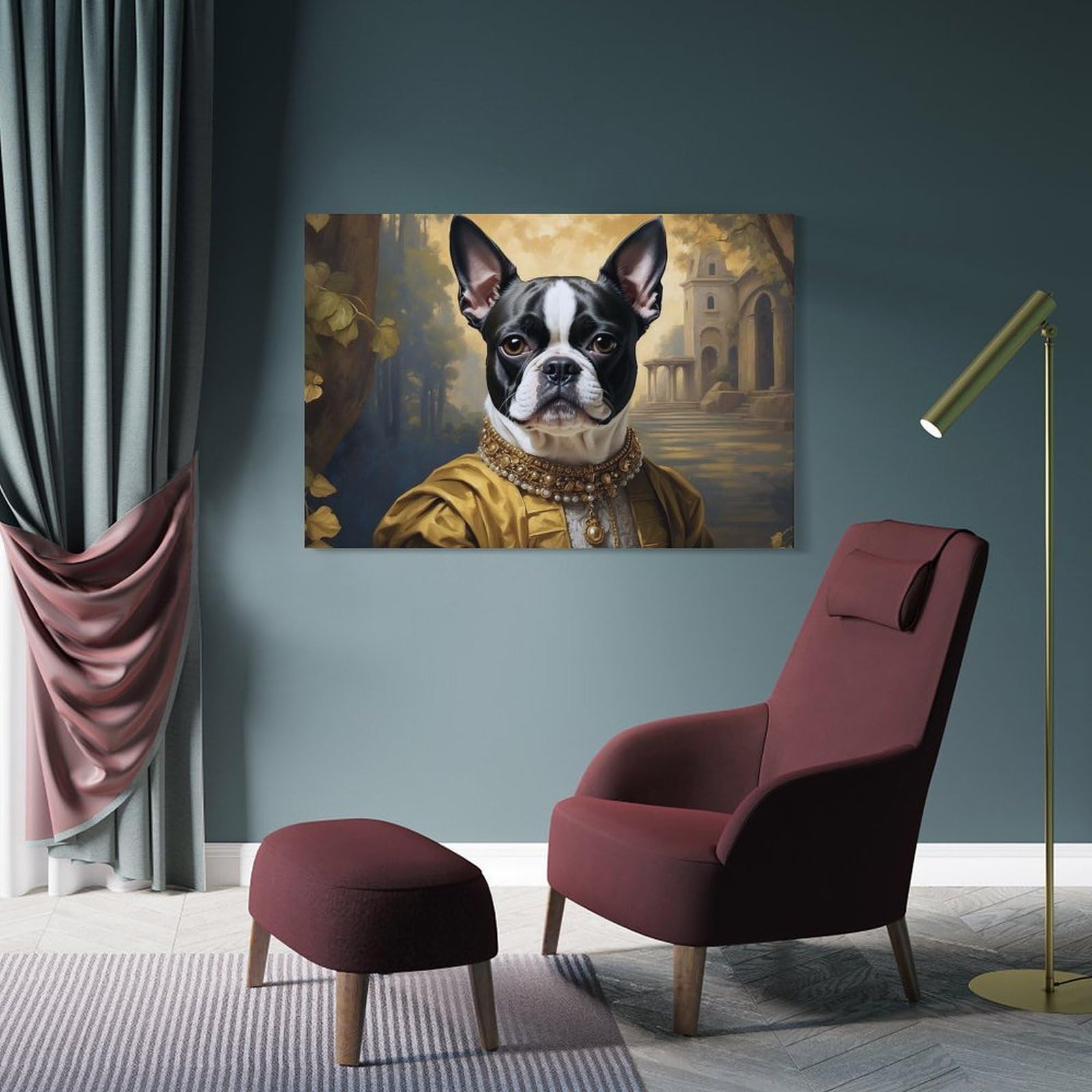 Junmoney Boston Terrier Portrait in Renaissance Style Wall Decor Canvas Print 12x18inch(30x45cm), for Lounge, Study, Hallway Or Flat Walls, Decorative Artwork with Broad Appeal