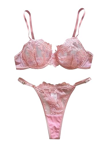 Lilosy Sexy Mesh Embroidered Floral Underwire Lingerie Set
