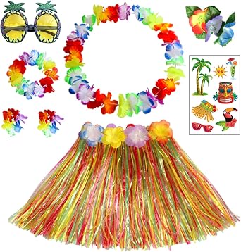 HBell 8pcs Hawaiian Hula Skirt Costume Set,40cm Hawaiian Grass Skirt,Hawaii Leis,Pineapple Glasses for Kids Fancy Dress Supplies Summer Beach Tropical Party Decorations
