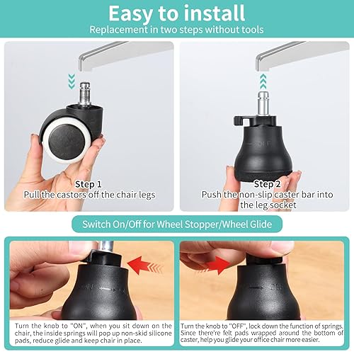 Miniatura 4 de Bell Glides - Ruedas giratorias de repuesto para silla de oficina para ruedas fijas estacionarias, almohadillas de fieltro con goma antideslizante