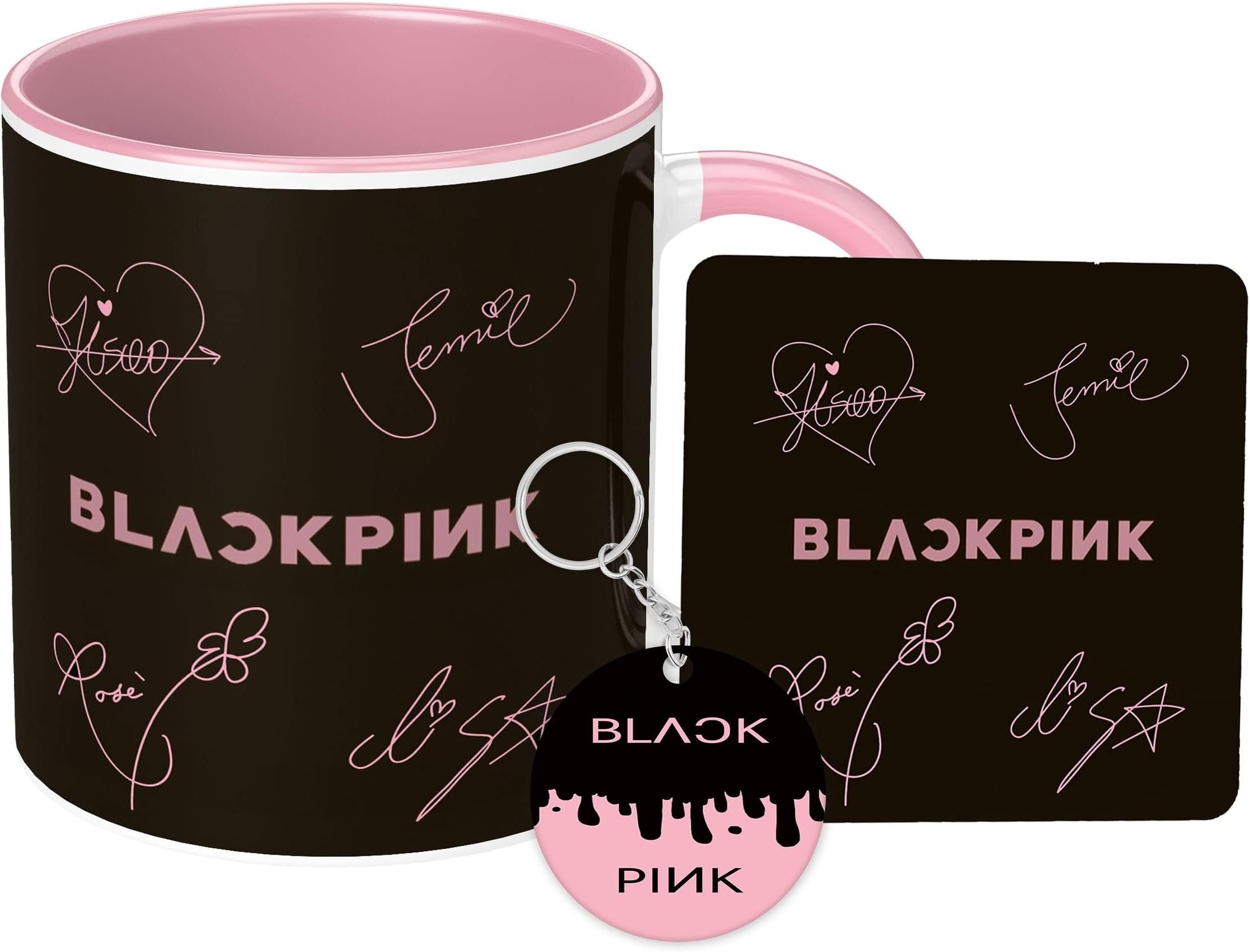 NH10 Designs Blackpink Mug Blackpink Mug Coaster with Keychain Gift for Girls Boys Hd Printed Microwave Safe Three Tone Light Pink Ceramic Coffee Mug (350 ml)(3TBLKPNKMCK-34) Pack of 3