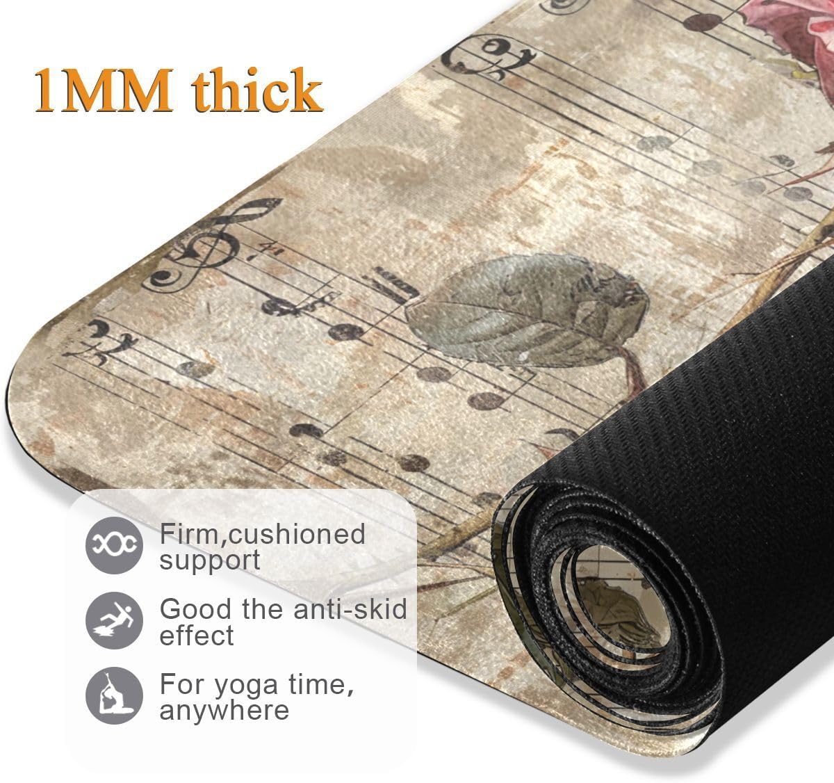 ALAZA Grunge Music Note with Rose Yoga Mat Non Slip Fitness Exercise Mat, Workout Mat for Yoga, Pilates and Floor Exercises