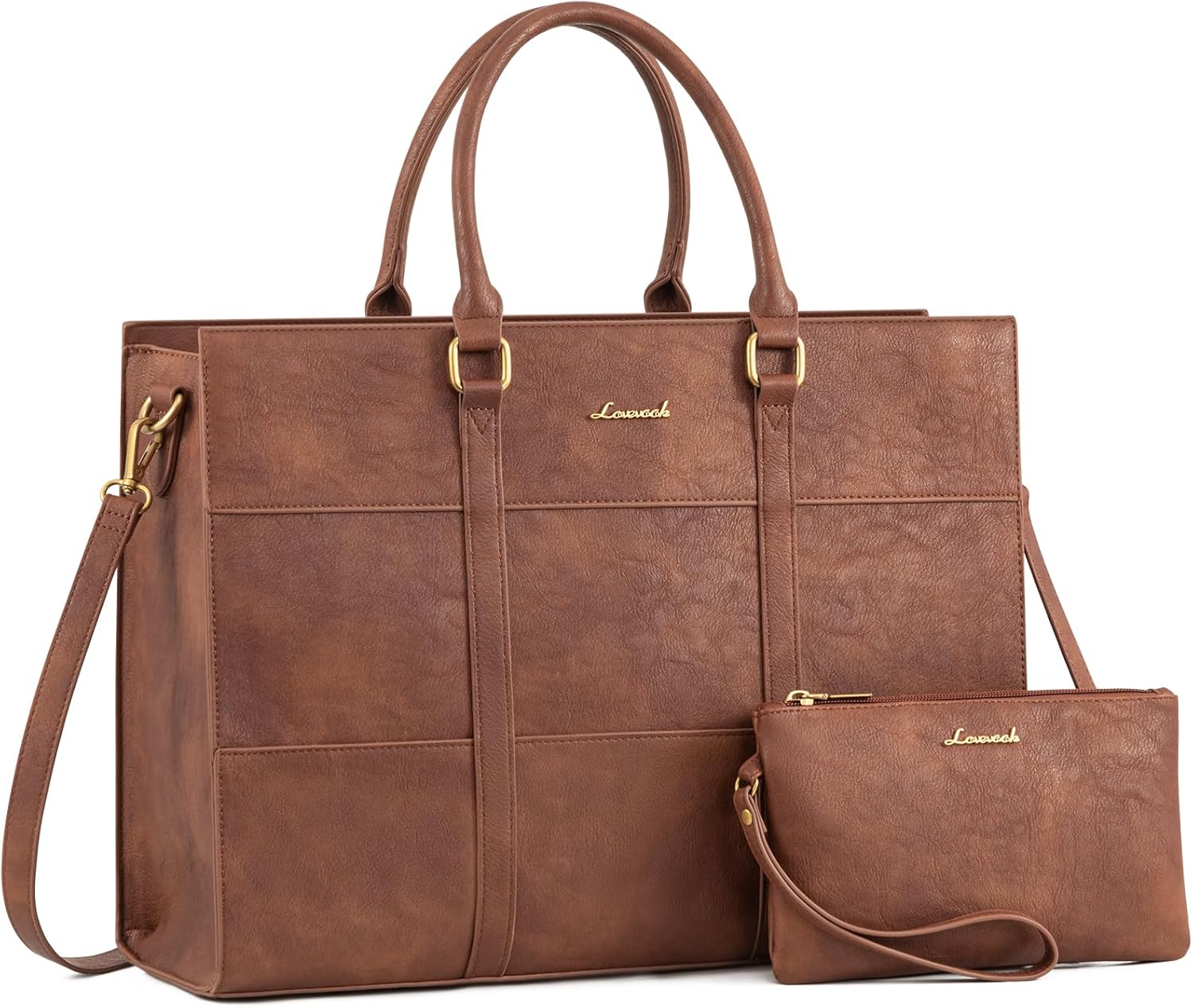 LOVEVOOK Laptop Bag for Women, 15.6 Inch Laptop Tote Bag, Vintage Leather Work Bags for Women, Waterproof Computer bag with Clutch Purse, Large Capacity Briefcase, Business Office Bag