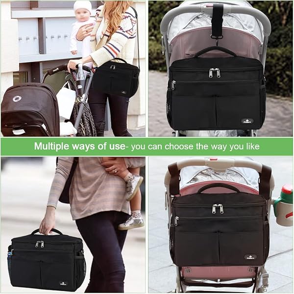 PHILORN Organizer per passeggino con portabevande isolato, tracolla, grande capacità, universale per passeggino, borsa fasciatoio, borsa per passeggino, organizer per bambini, Nero - 4