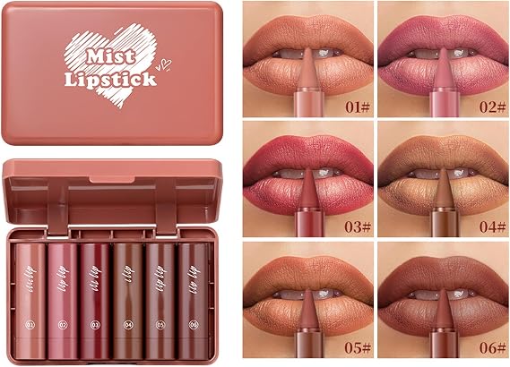 6Pcs Long Lasting Lip Liner & Lipstick Set, Matte Smudge-Proof Brown Lip Liner & Nude Lipstick Combo,Velvety Lip Makeup for Natural or Bold Looks
