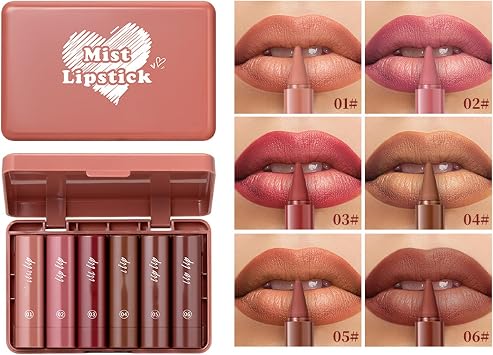6Pcs Long Lasting Lip Liner & Lipstick Set, Matte Smudge-Proof Brown Lip Liner & Nude Lipstick Combo,Velvety Lip Makeup for Natural or Bold Looks