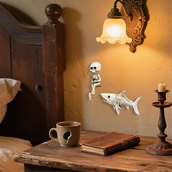 2 Pcs Skeleton Anko Resin Statue Gothic Wall Art Aquarium Halloween Display & Dark Theme Room Decor Resin Skeleton Fishing Sculpture