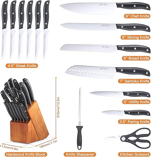 Miniatura 2 de Juego de cuchillos de 15 piezas para cocina con bloque, juego de cuchillos de acero inoxidable de alto carbono de Alemania con afilador y 6