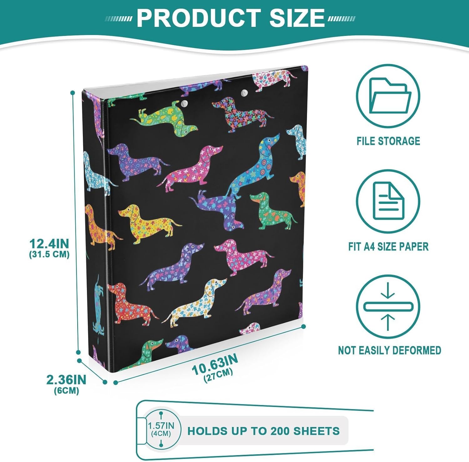 3 Ring Binder 1.5 Inch, Dachshund Dogs Black D Ring Binders with Clipboard Large 3 Binders for School, College, Office