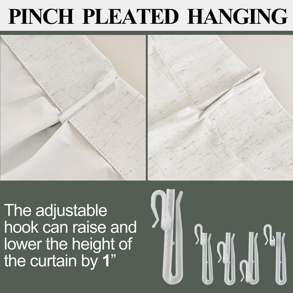 100% Blackout Window Curtain Panels, Linen Pinch Pleated Curtains 90 Inches Long, Light Blocking Drapes for Bedroom, Thermal Insulated Living Room Darkening Shades, Ivory White