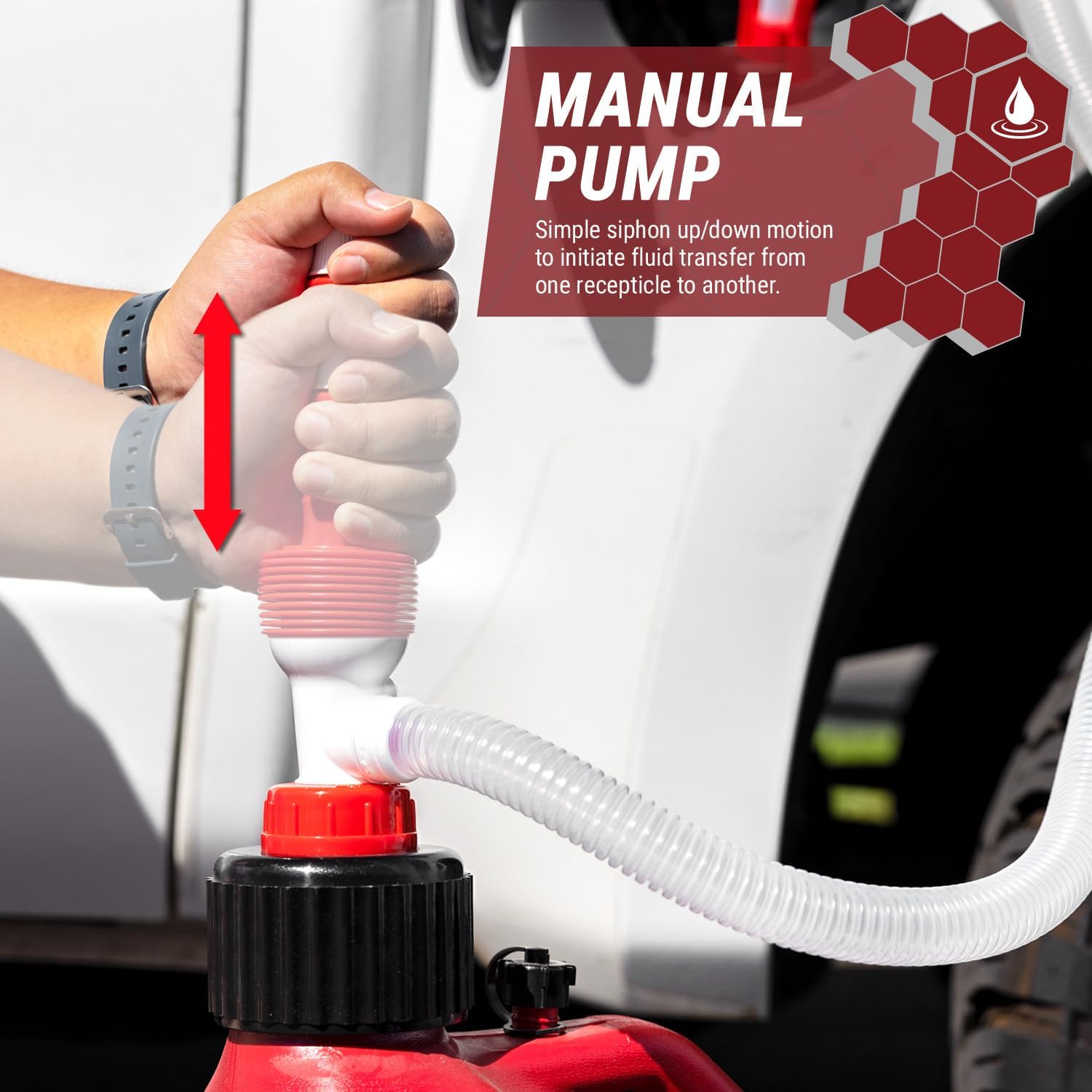 TERA PUMP TRM20-XL Racing Can Hand Fuel Transfer Pump | Manual Siphon Pump for Jerry Cans, 4.2 ft Outtake Hose, 1.9 ft Intake Hose, 3.2 Gal / Min, Flexible Intake Hose