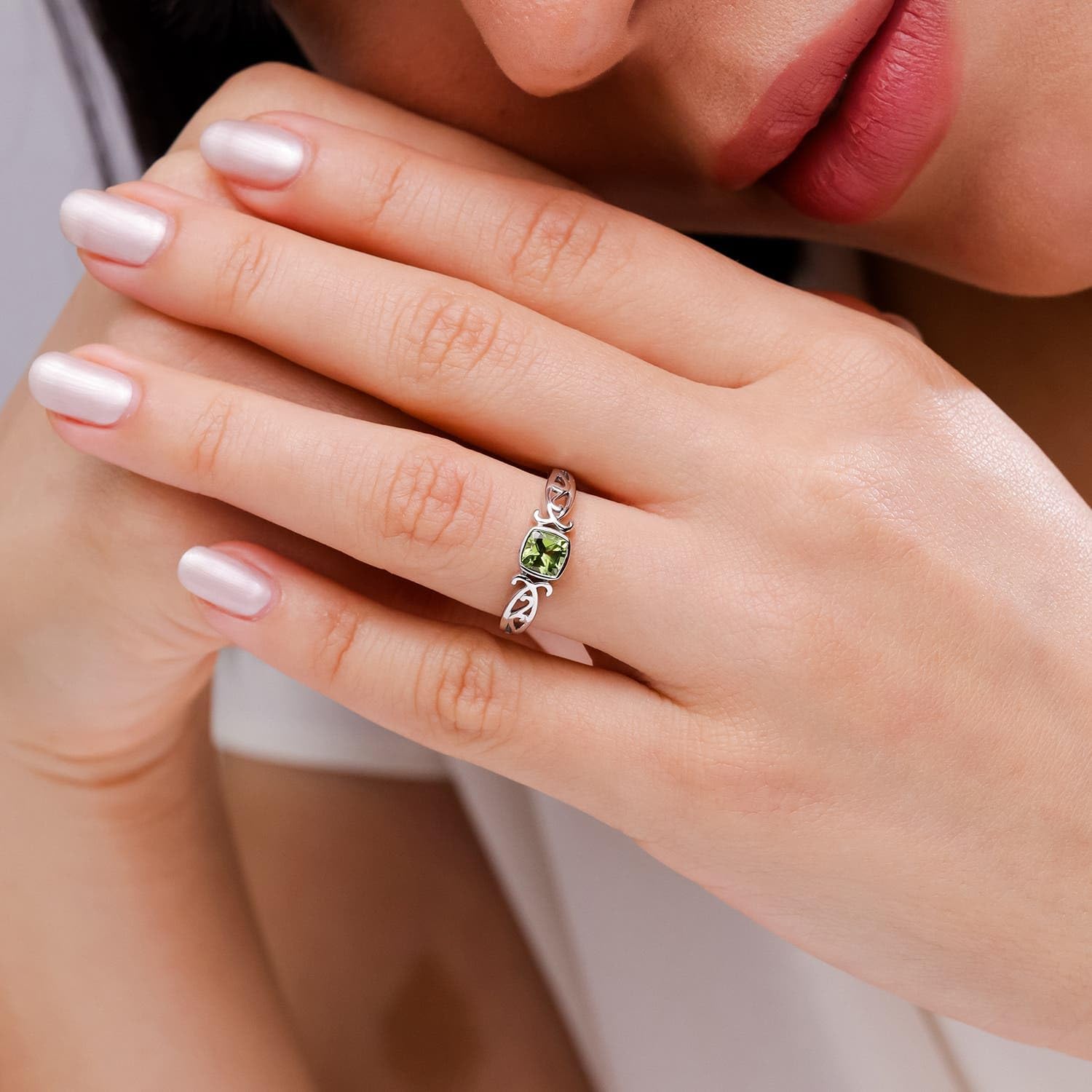 Angara Natural Peridot Solitaire Ring for Women | Cushion-Cut Peridot Solitaire Ring in 14K Solid Gold | August Birthday, Anniversary, Gemstone Jewellery Gift