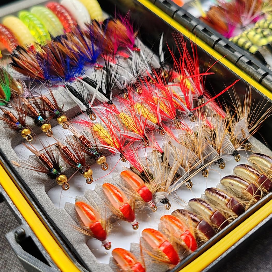 Kit de señuelos para pesca con mosca 24/38/102/114 piezas, moscas secas, húmedas, ninfas, polillas, streamer, mosquitos, gusanos + caja, adecuados para trucha, lubina, salmón