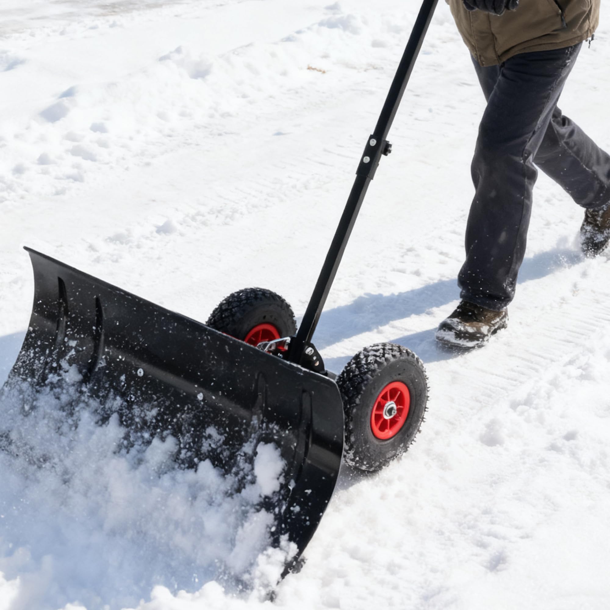 EIN-Stiel Schneeschieber mit Rädern, 5-stufig Höhenverstellbar (107-27.5 cm) - Extra Breite 74 cm Schaufel aus PE-Material, Klappbar und Leicht für Müheloses Schneeräumen auf Auffahrten
