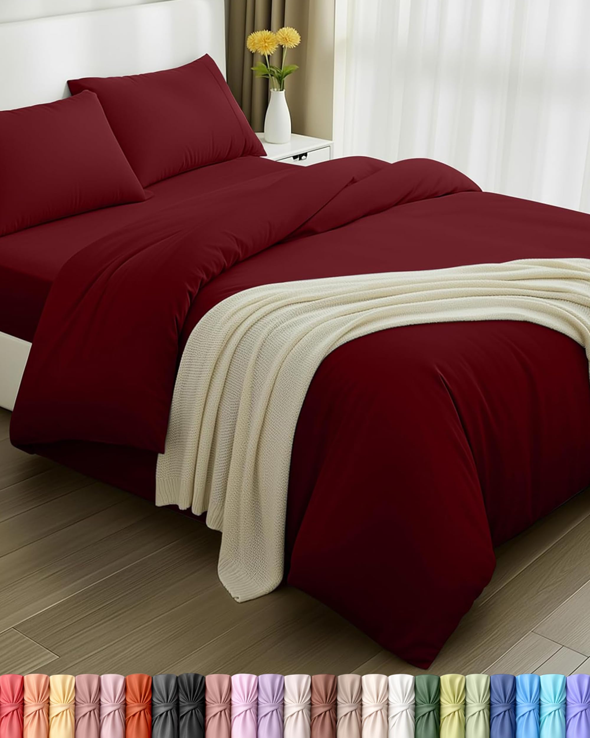 Utopia Bedding 4 Piece Double Bedding Set - Duvet Cover, Fitted Sheet with Pillow cases - Soft Brushed Microfiber (Burgundy)