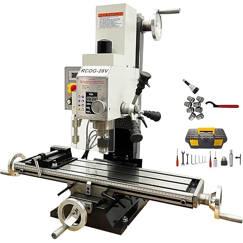 HayWHNKN Mini Milling Drilling Machine R8 Benchtop Mill Drill Machine 7.1x27.5'' Mirco-Feed Mill Drill 1300W 20-2250rpm Variable Speed Mini Milling Machine for Wood Metal RCOG-28V 110V
